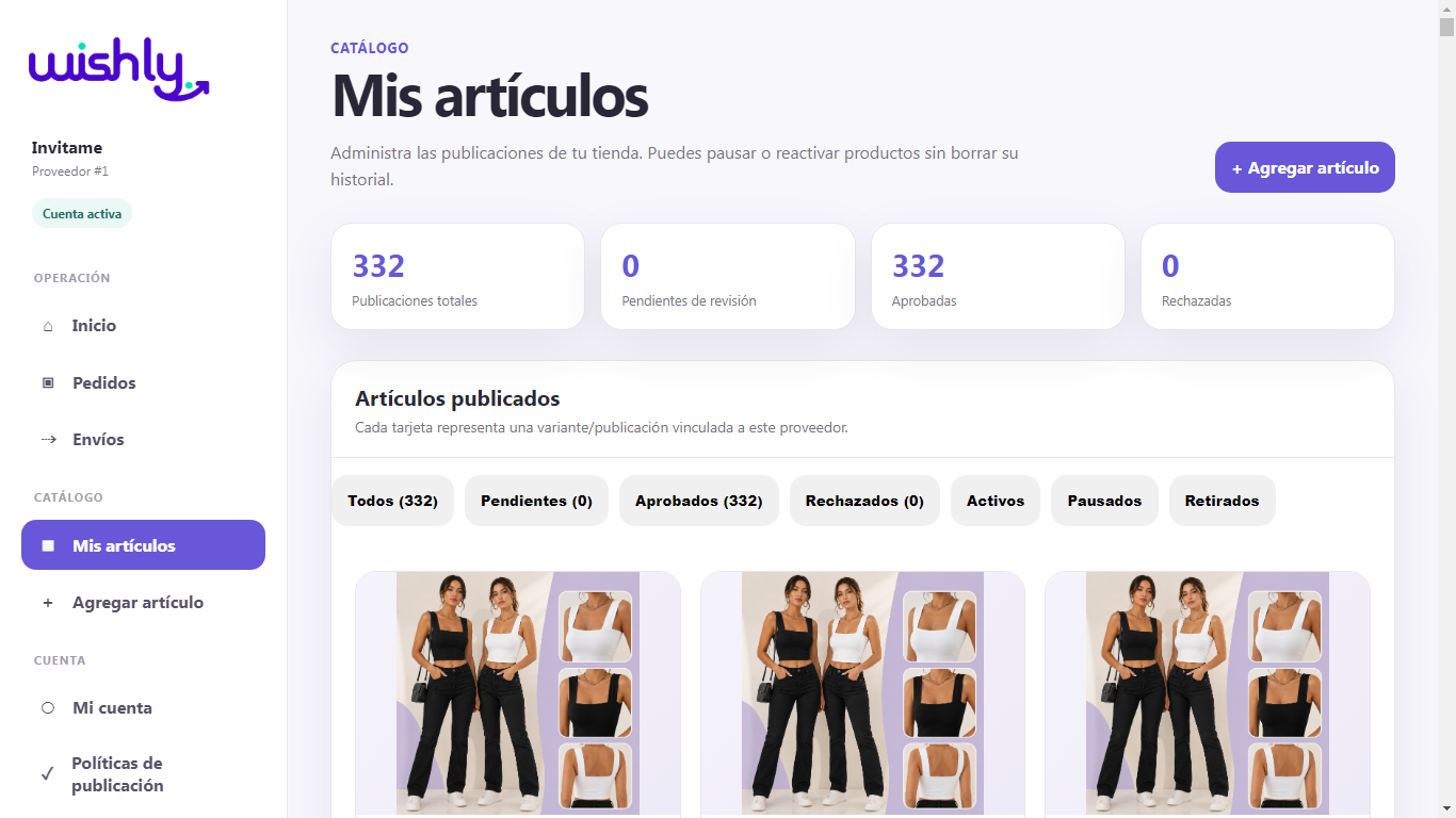 Panel de proveedor: catálogo de artículos