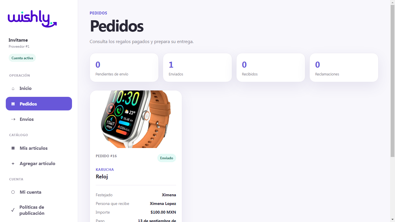 Panel de proveedor: ventas y envíos